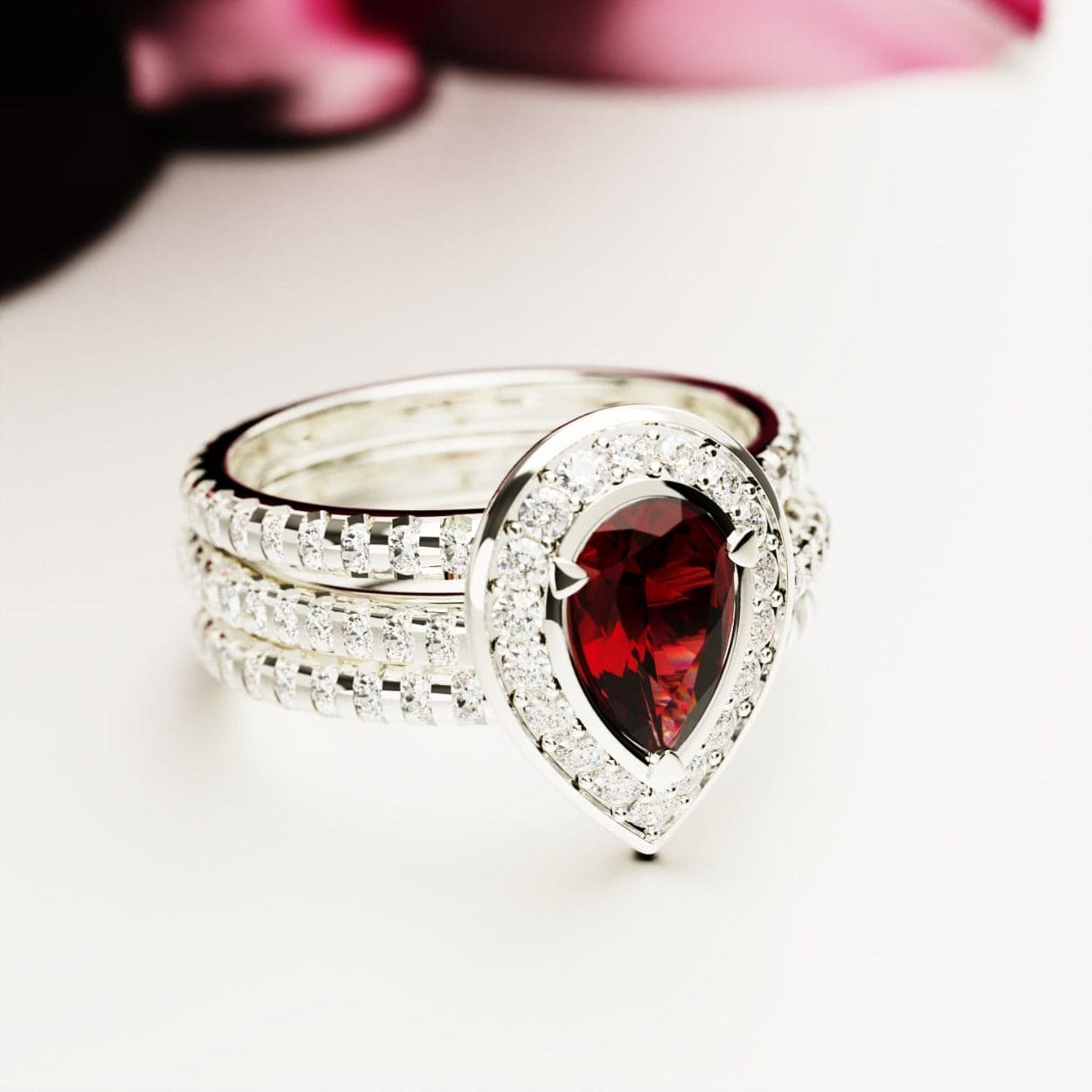 Crimson Teardrop: Pear Shaped Ruby Cut Halo Ring - S925