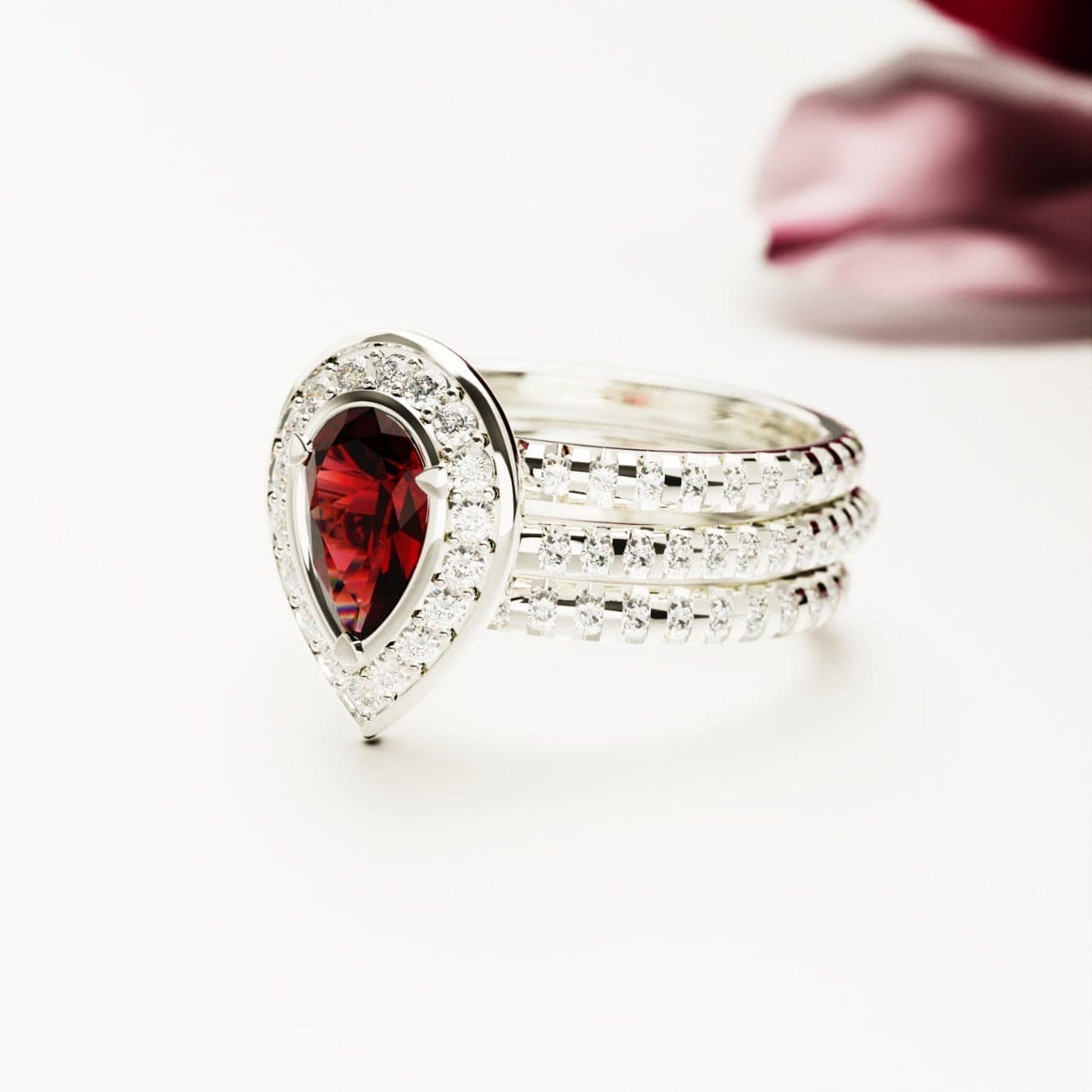 Crimson Teardrop: Pear Shaped Ruby Cut Halo Ring - S925