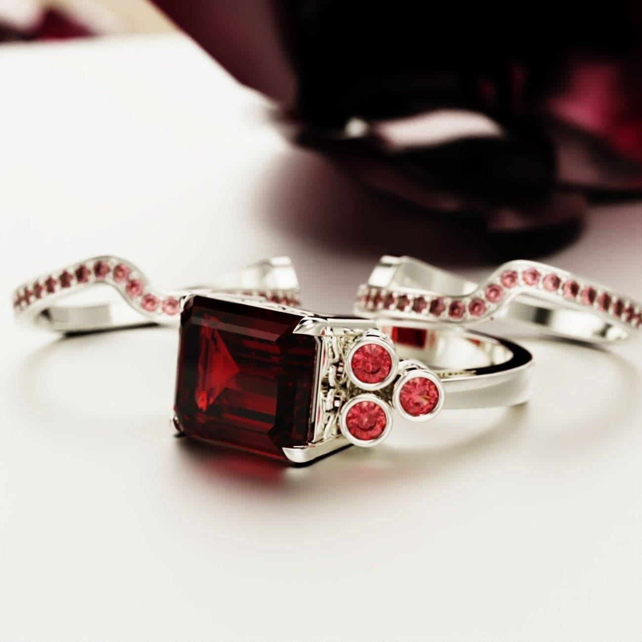 Crimson Love: Emerald-Cut Garnet Ring Set - S925 Sterling Silver