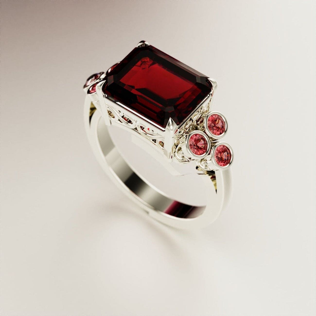 Crimson Love: Juego de anillos con granate de talla esmeralda - Plata de ley S925