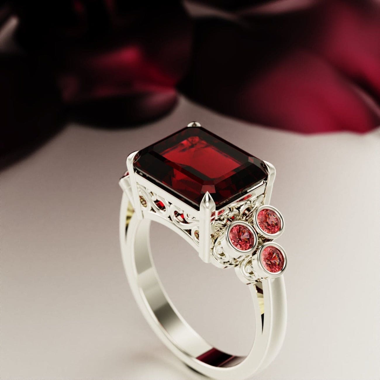 Crimson Love: Juego de anillos con granate de talla esmeralda - Plata de ley S925