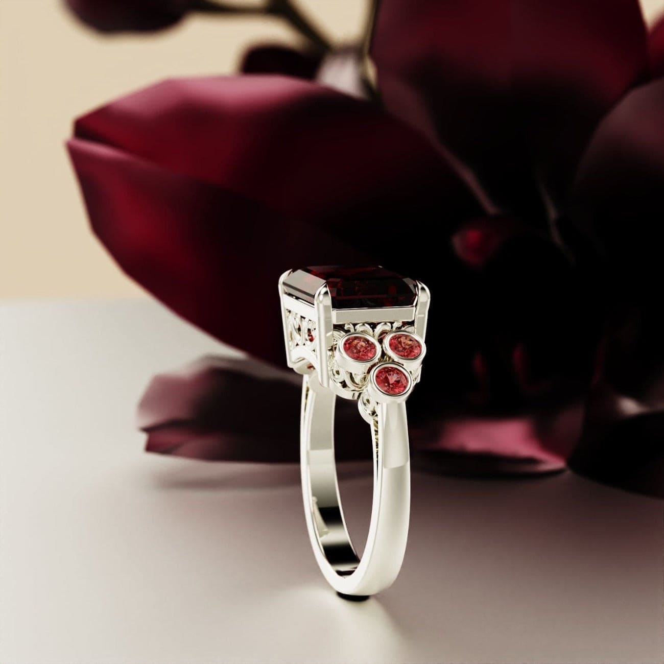 Crimson Love: Emerald-Cut Garnet Ring Set - S925 Sterling Silver