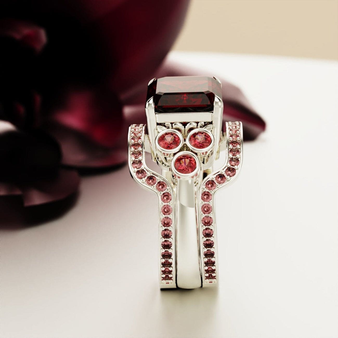 Crimson Love: Emerald-Cut Garnet Ring Set - S925 Sterling Silver