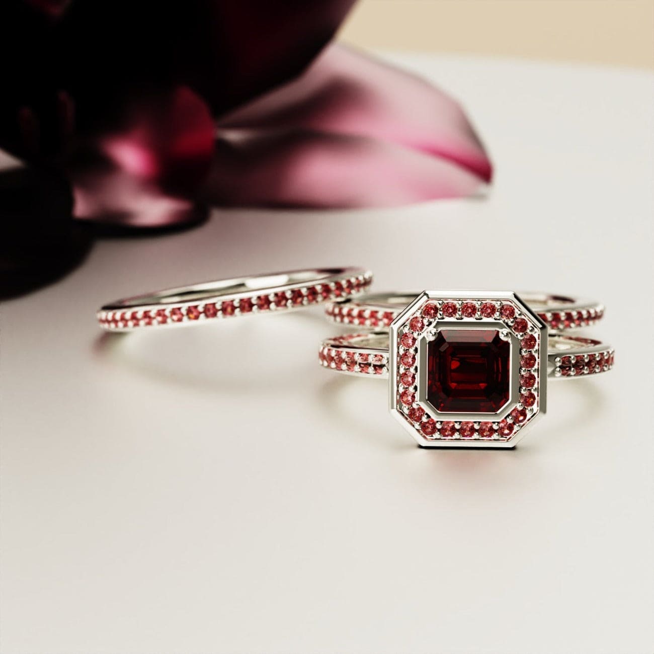 Devotion: Emerald-Cut Ruby Halo Ring Set - S925 Sterling Silver