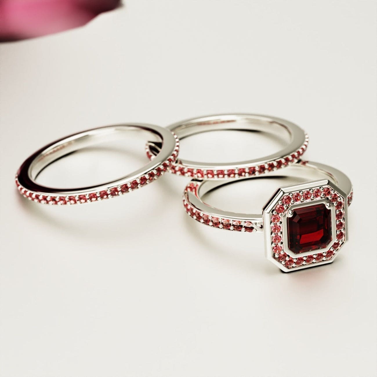 Devotion: Emerald-Cut Ruby Halo Ring Set - S925 Sterling Silver