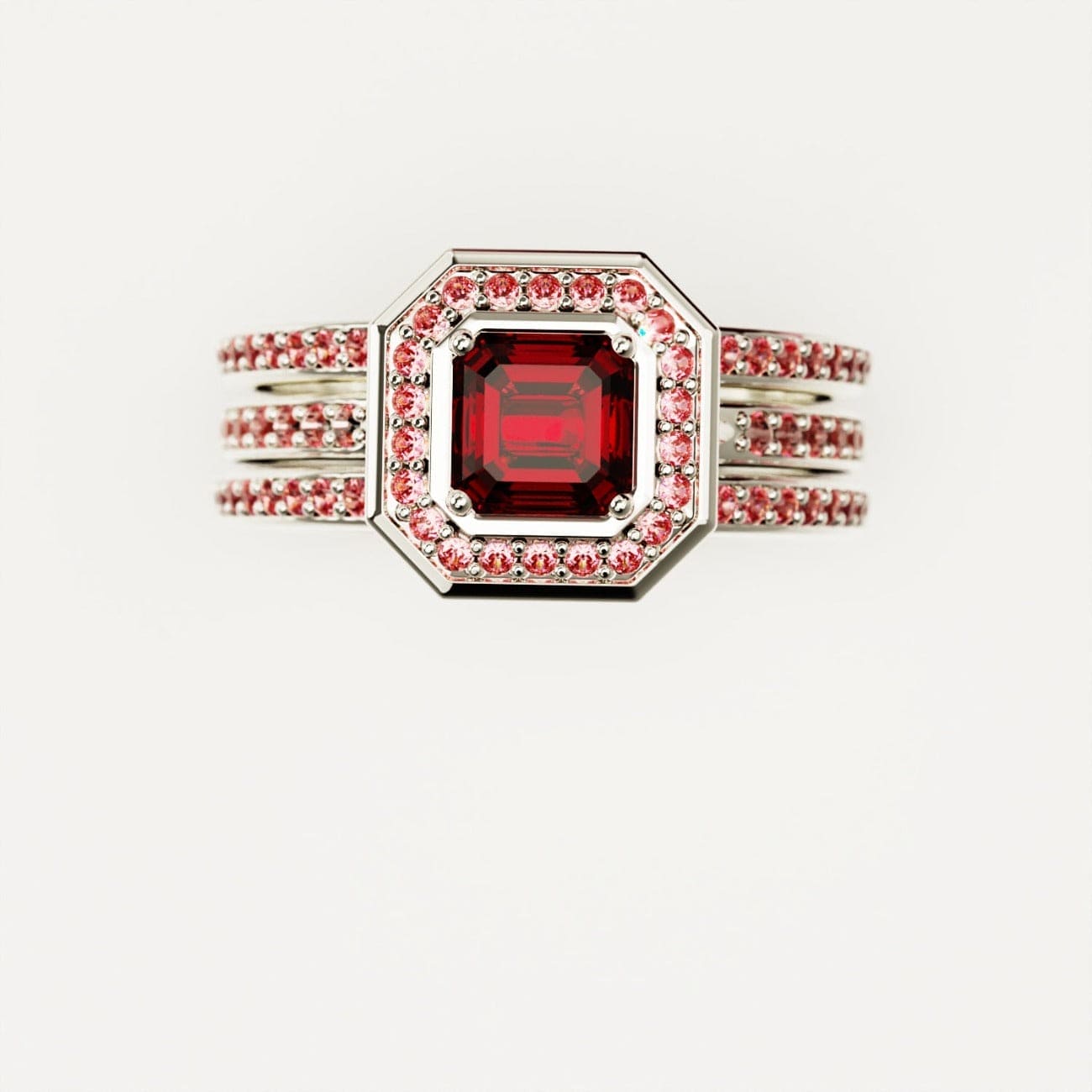 Devotion: Emerald-Cut Ruby Halo Ring Set - S925 Sterling Silver