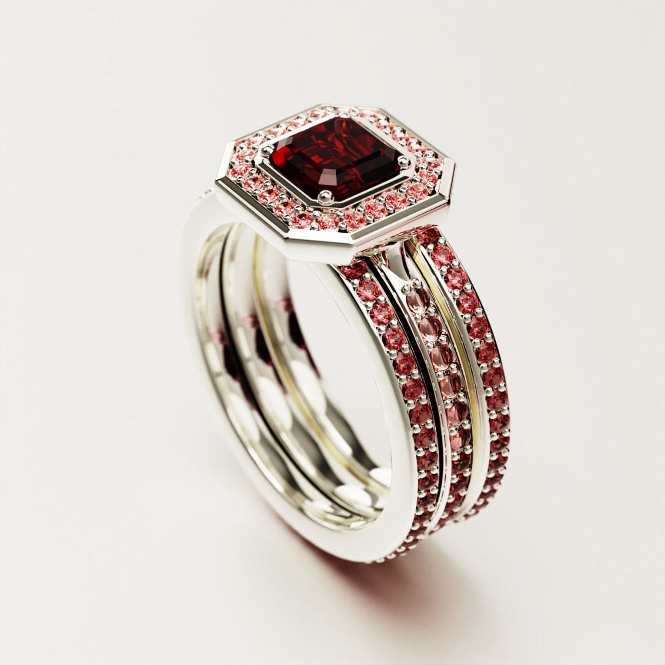 Devotion: Emerald-Cut Ruby Halo Ring Set - S925 Sterling Silver