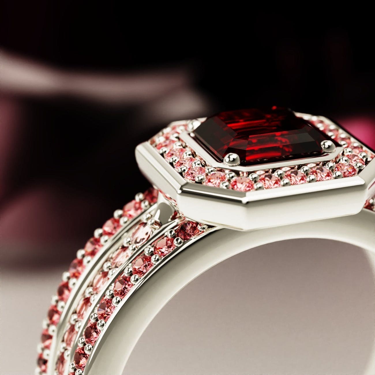 Devotion: Emerald-Cut Ruby Halo Ring Set - S925 Sterling Silver