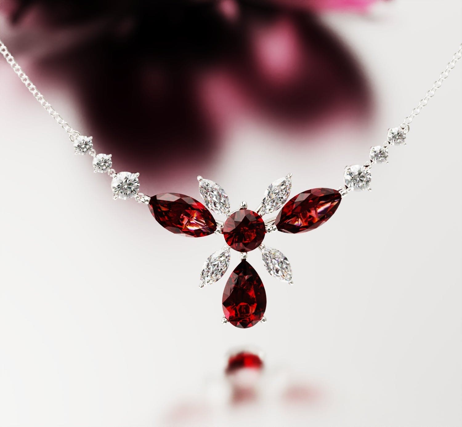 Crimson Bloom: Floral Round-Cut Garnet Necklace - S925