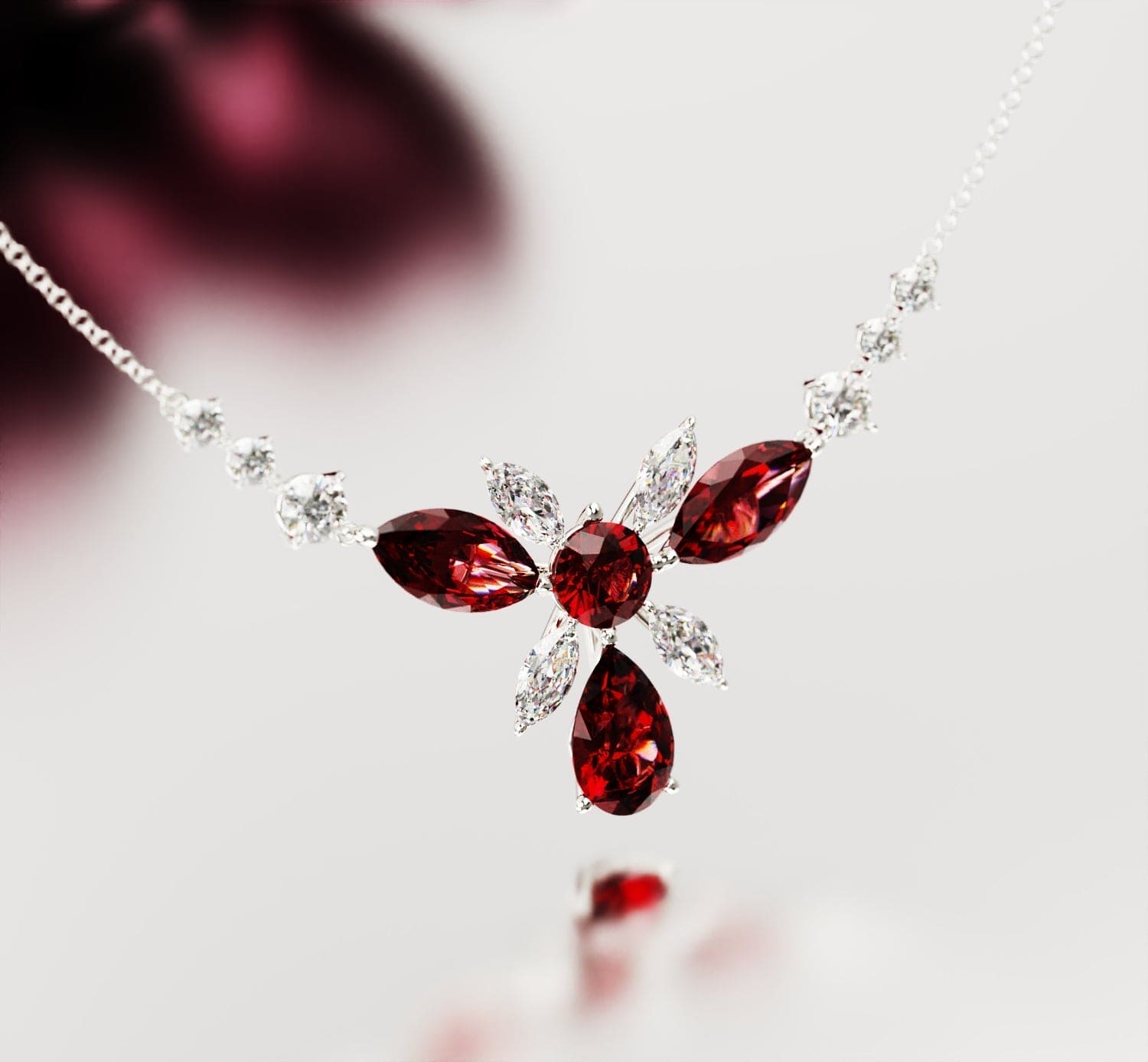 Crimson Bloom: Floral Round-Cut Garnet Necklace - S925