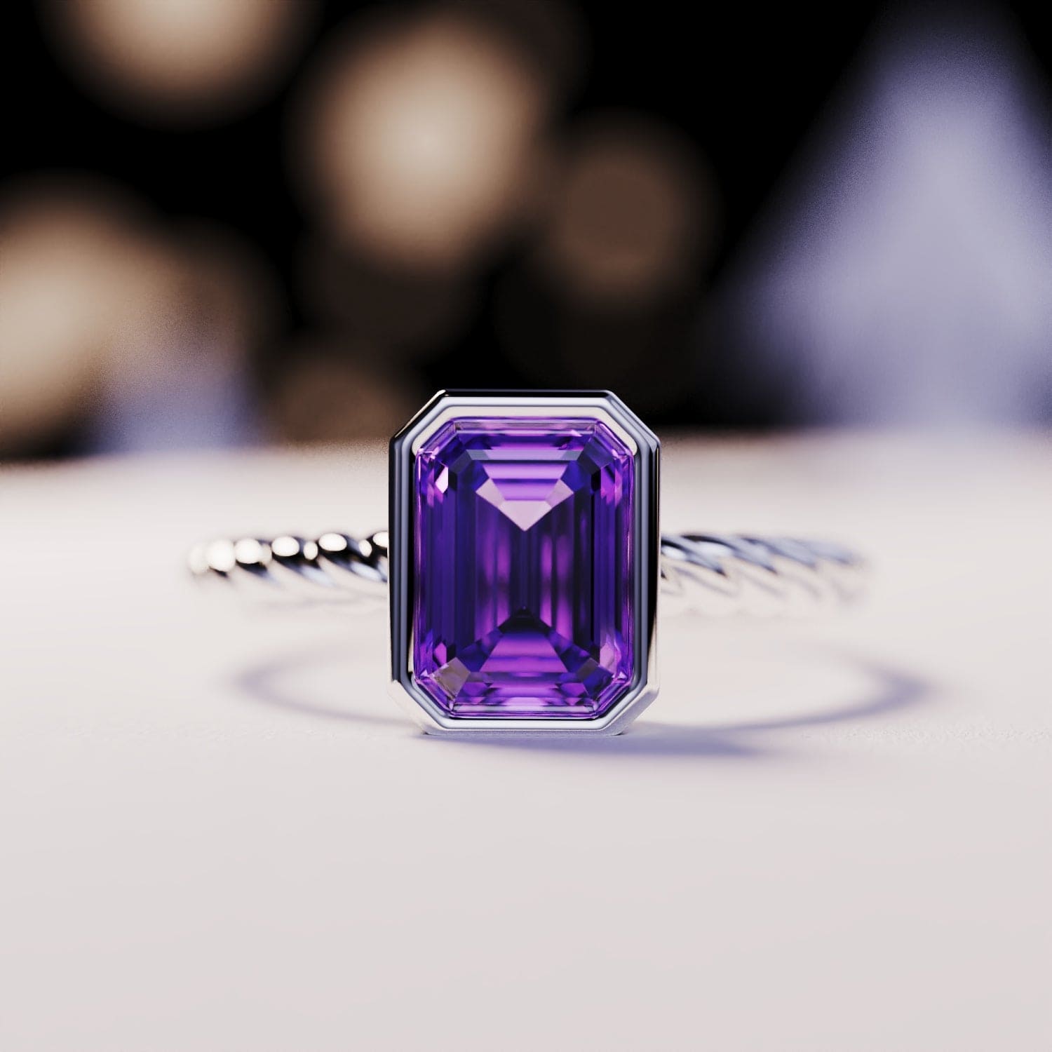 The Solitaire: Emerald Cut Amethyst Ring - S925 Sterling Silver