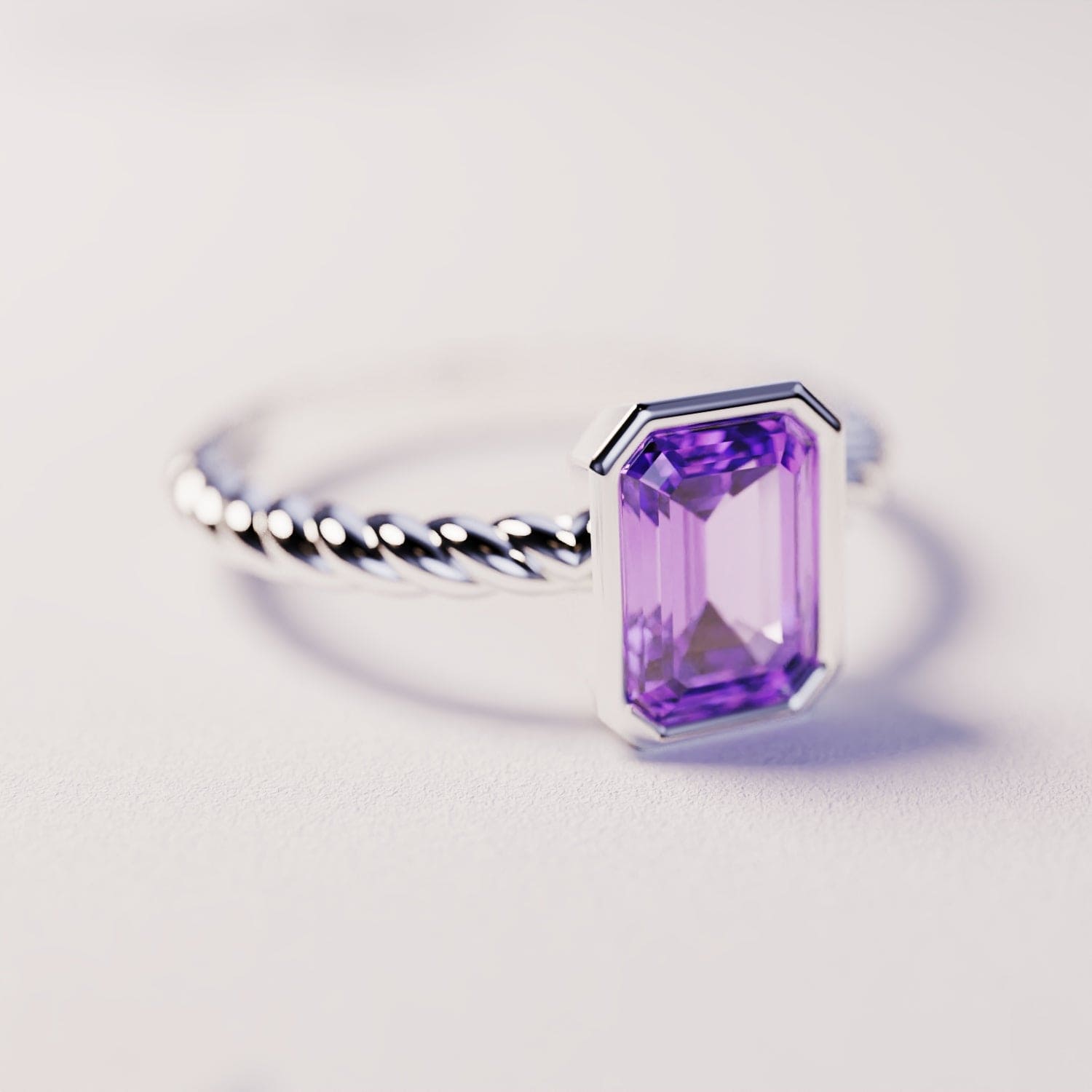 The Solitaire: Emerald Cut Amethyst Ring - S925 Sterling Silver