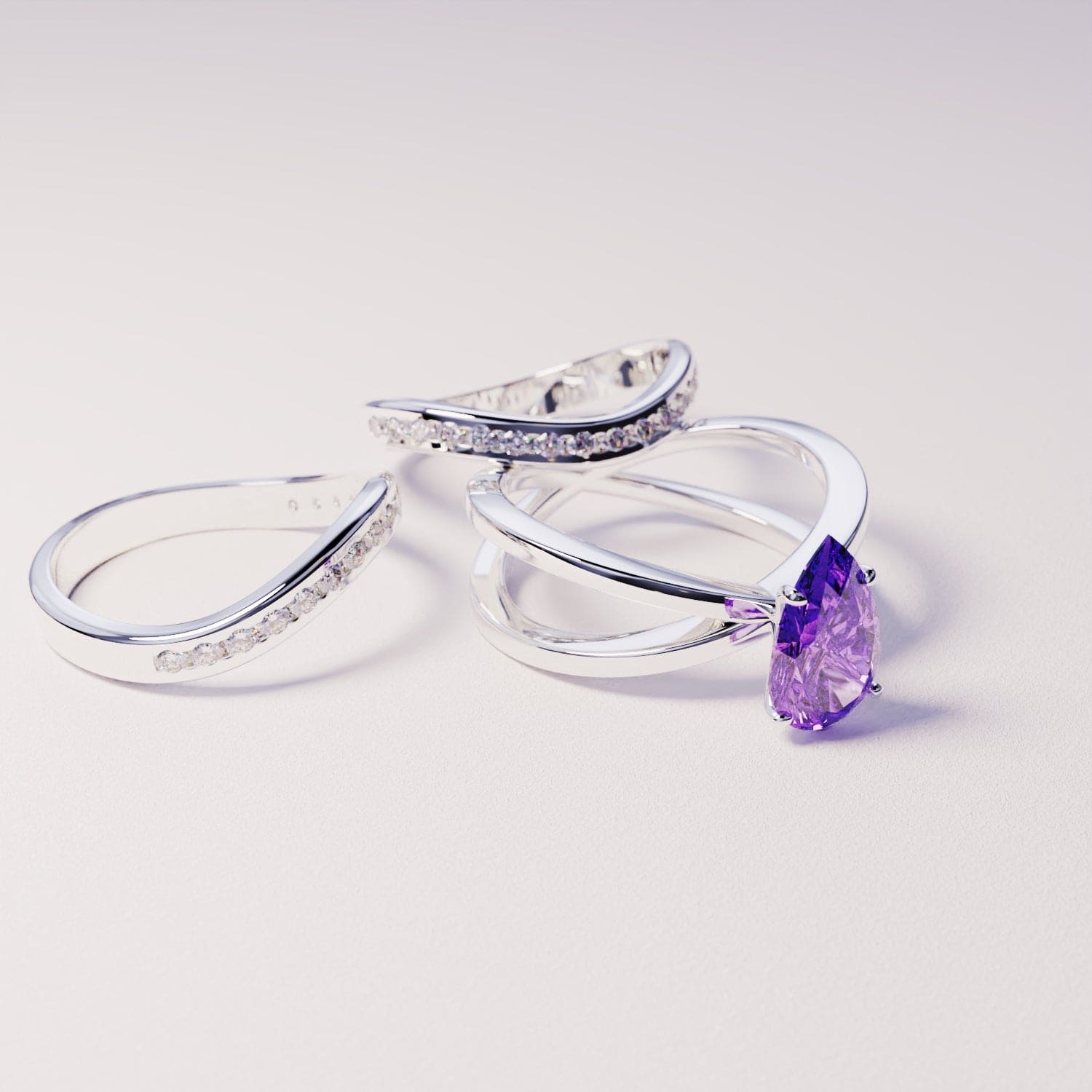 The Bride: Triple 3-In-1 Set Amethyst Ring - S925 Sterling Silver