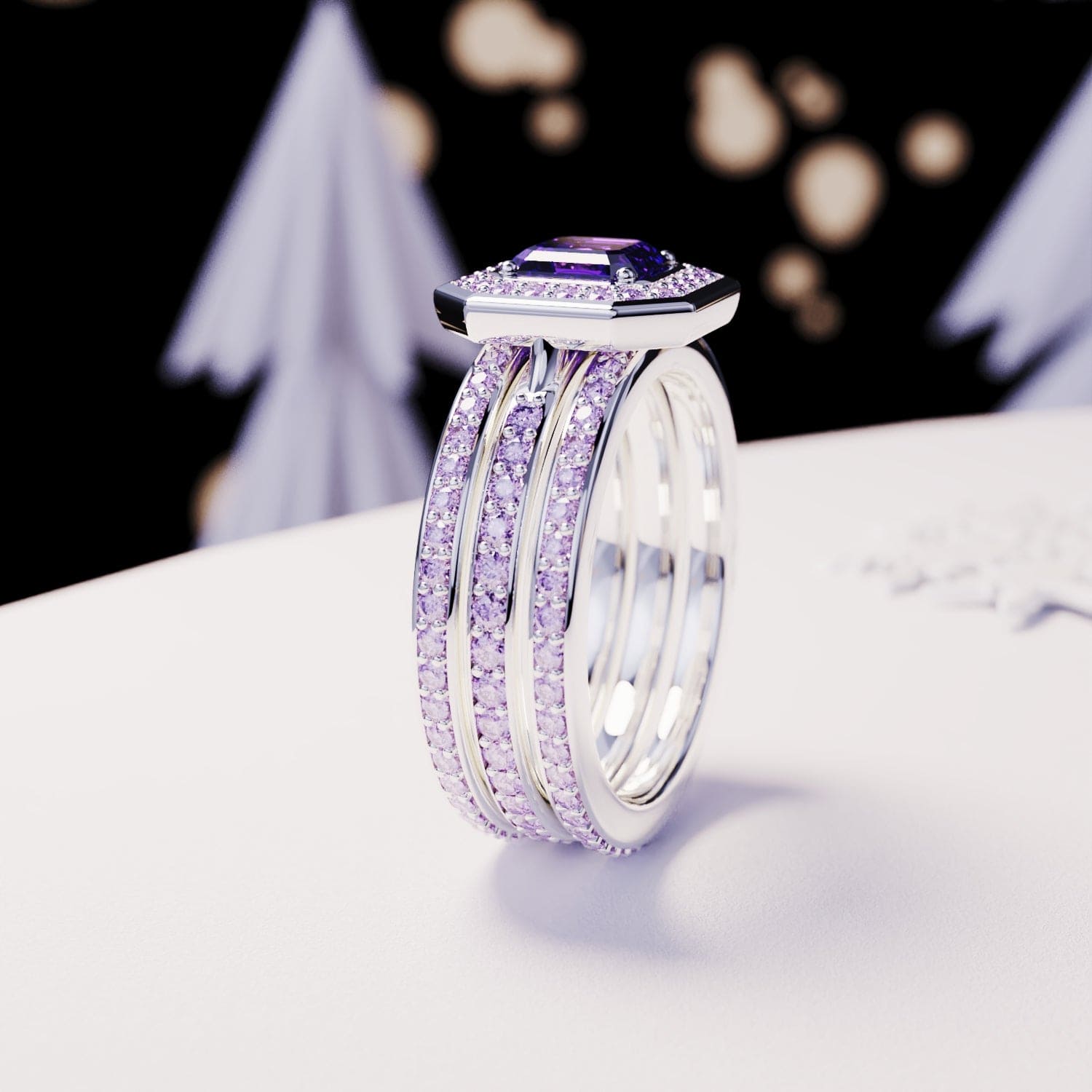 Devotion: Emerald-Cut Amethyst 3in1 Ring Set - S925 Sterling Silver