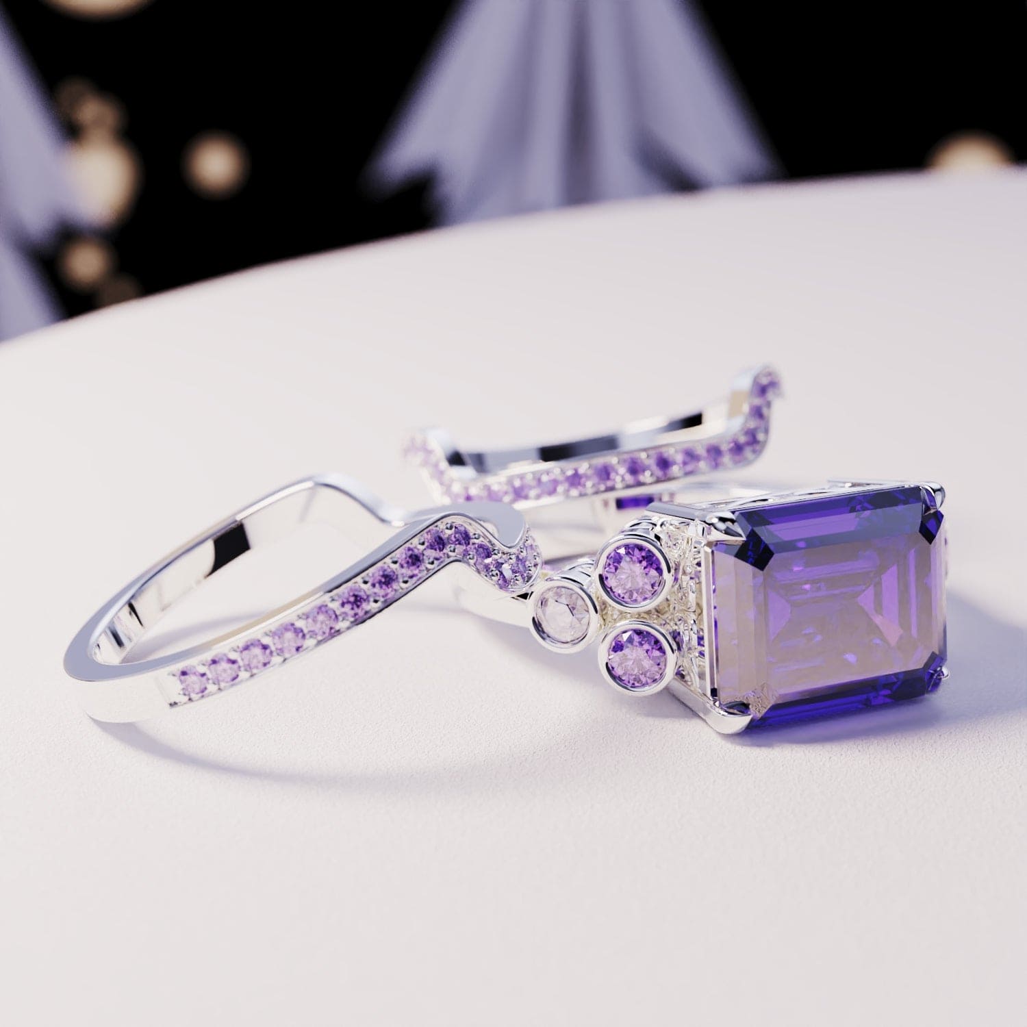 Violet Love: Emerald-Cut Triple Ring Set - S925 Sterling Silver