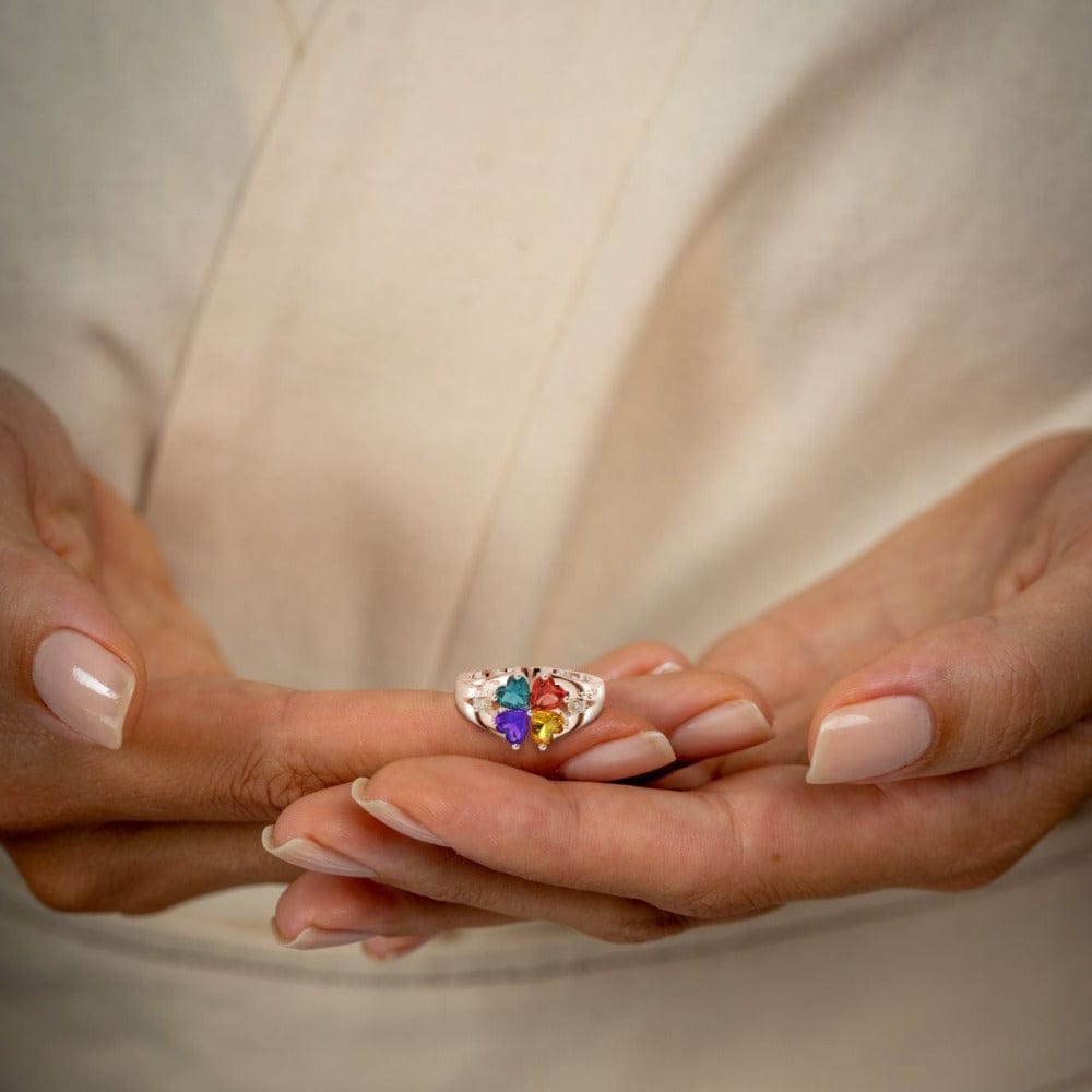 Personalized S925 Mother's Day Clover Ring with Birthstones
