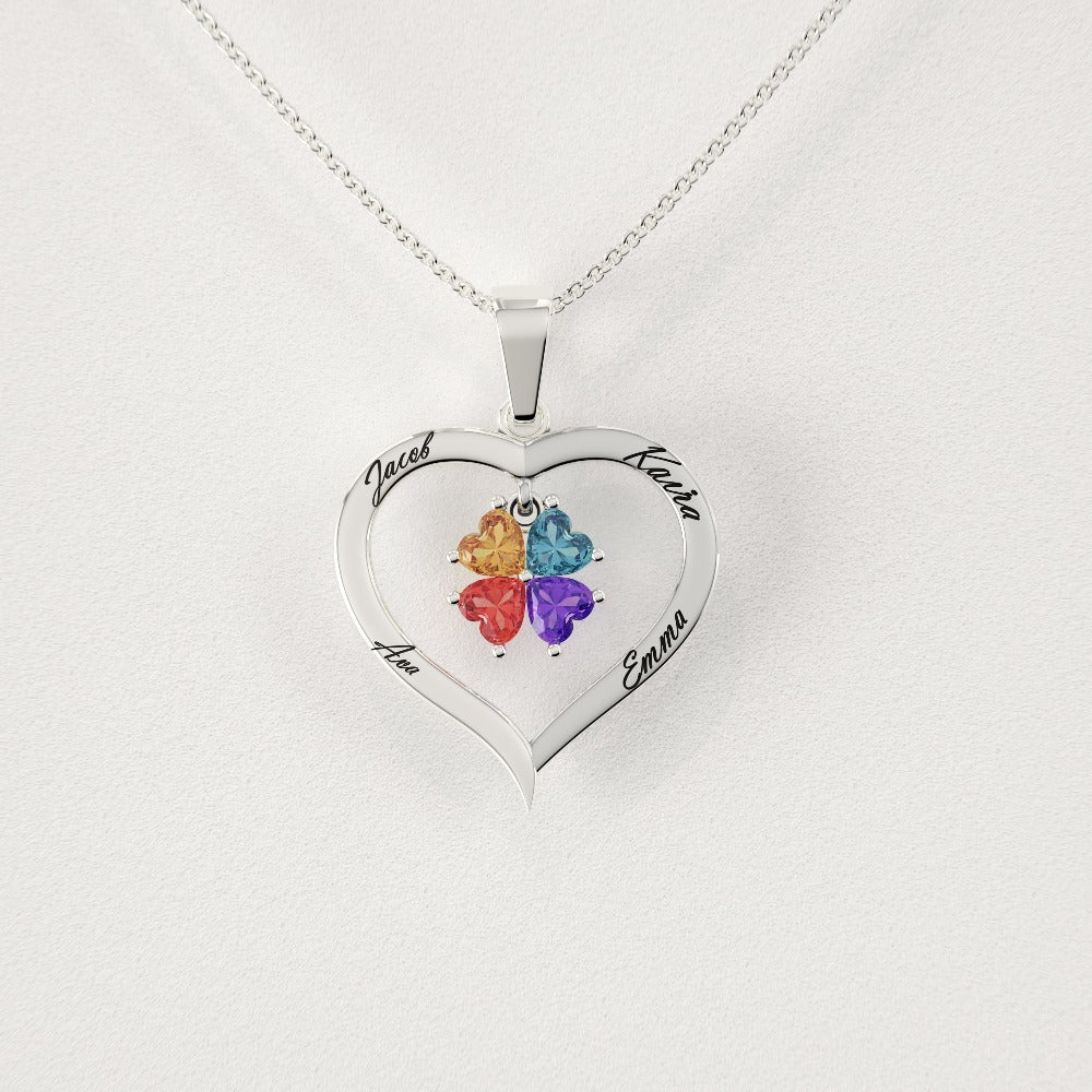 Custom Silver Heart Birthstone Necklace with 4 Engraved Gems
